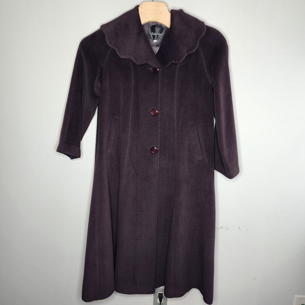 Belle Fare Women's Long Trench Coat Sz M Brown Cashmere Angora Wool Button